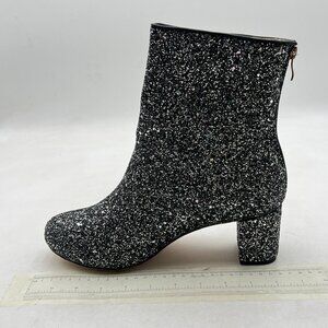 Black Women Glitter Low Block Heel Round Toe Festival Party with Zip Ankle Boots